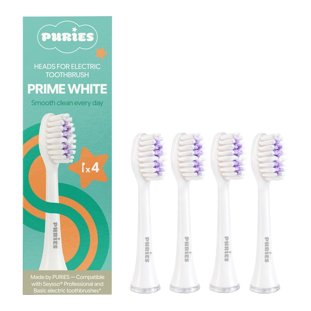 Puries Prime White Electric Toothbrush Heads for Seysso - 4 Pieces